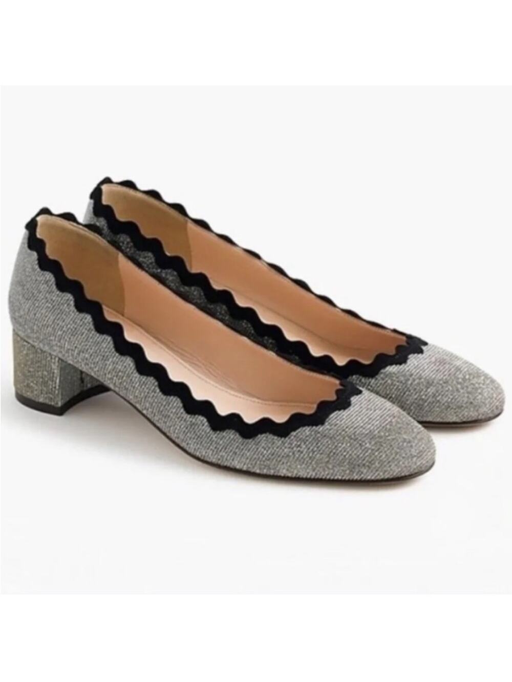 J. Crew Glitter Scalloped Block Heel Silver Black Women's Pumps size 8 Gunmetal